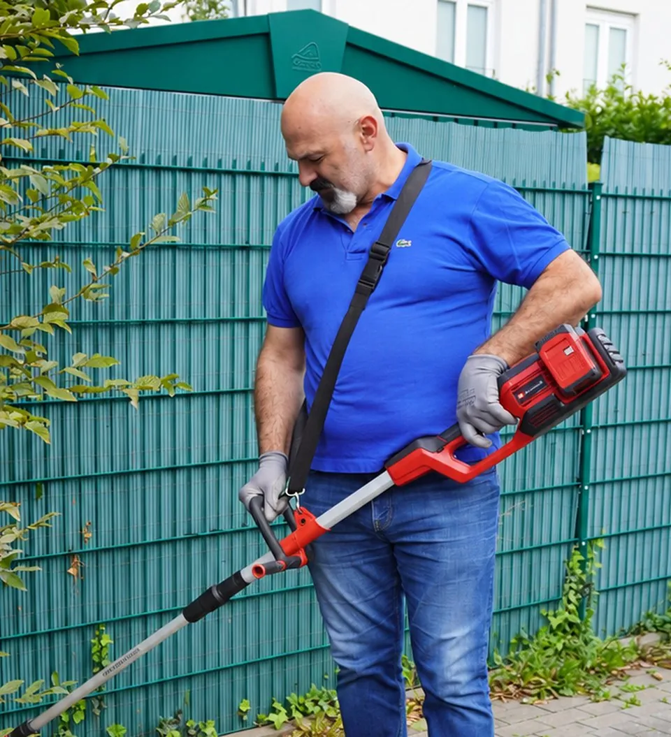Zafer Sen bei der Gartenpflege mit dem Freischneider