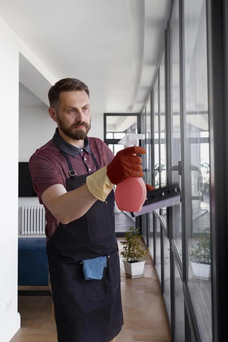 Reinigung einer Glasfläche mit Sprühflasche und Abzieher