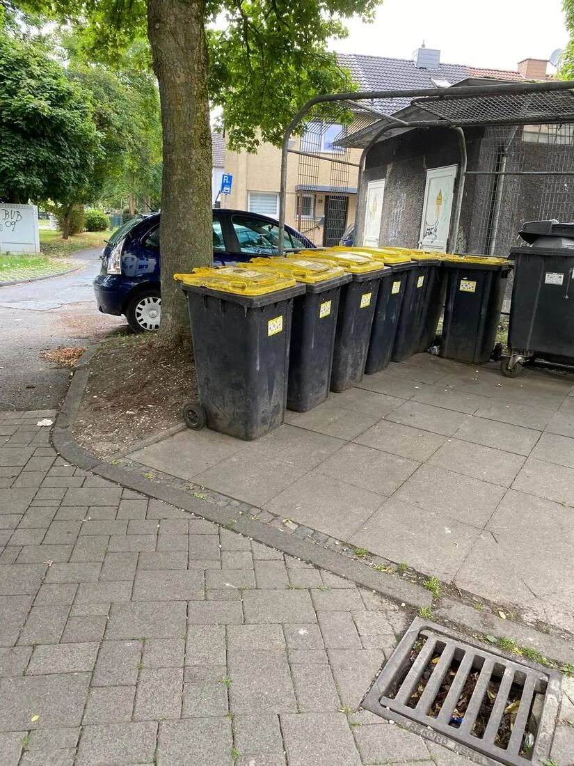 Bereitgestellte Tonnen an einem Wohnhaus